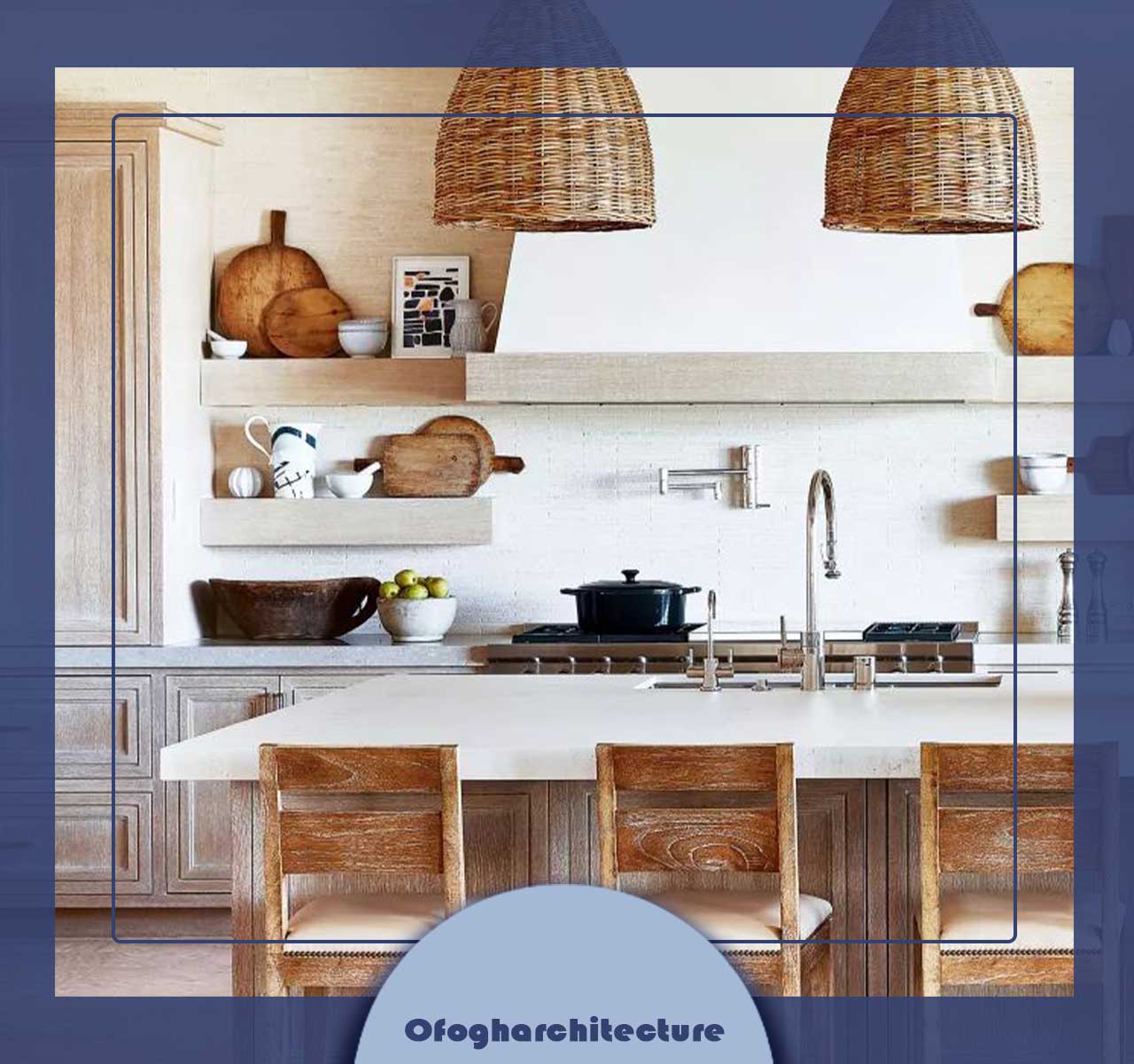 روند آشپزخانه با عناصر طبیعی و صندلی‌های چوبی