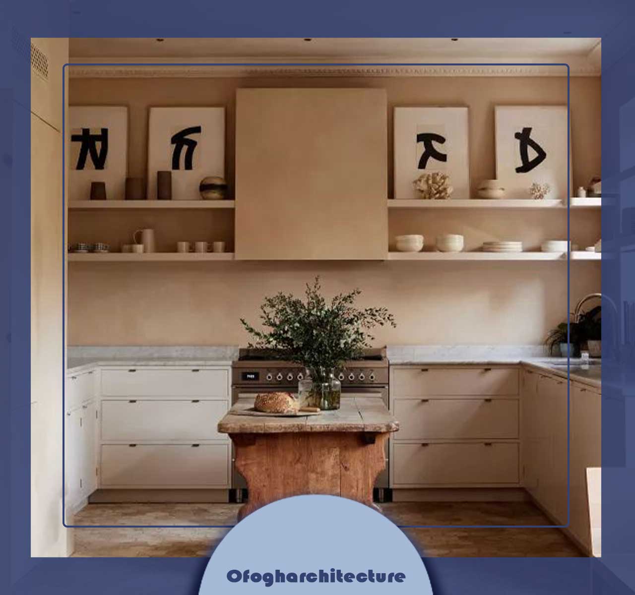 آشپزخانه کانتری فرانسوی با قفسه بندی باز و هنری