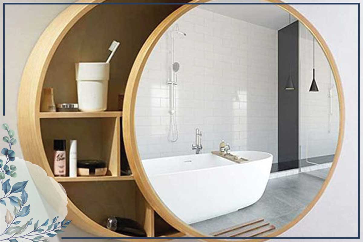 آینه حمام با قاب چوبی با فضای ذخیره سازی
