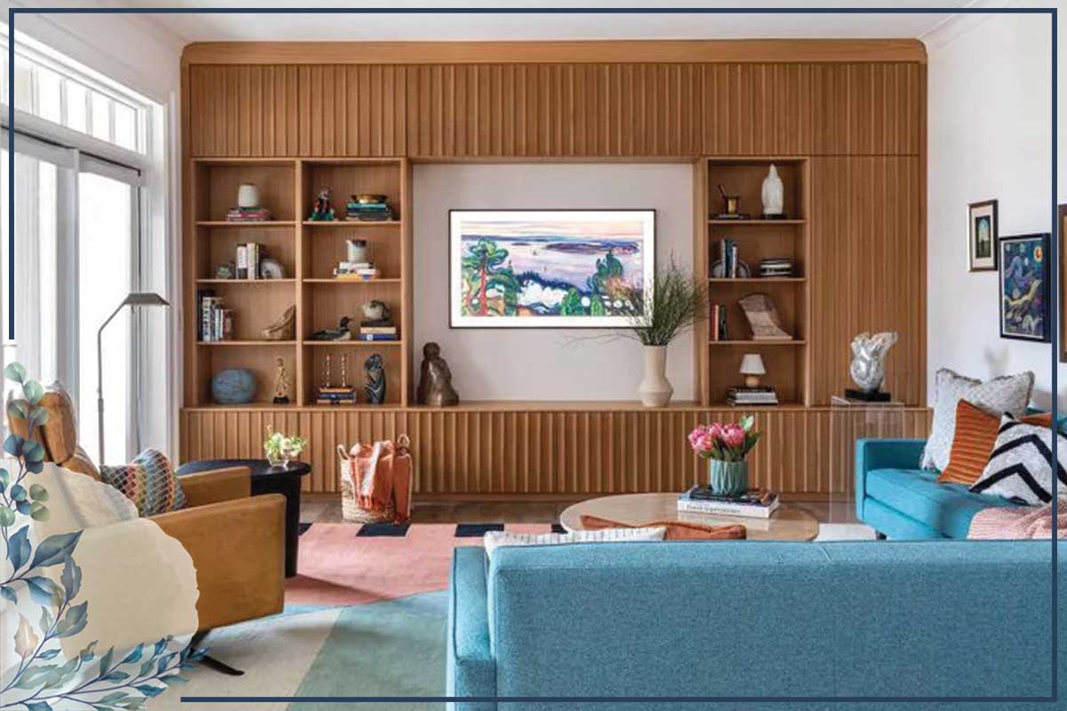 طراحی داخلی اتاق نشیمن مدرن به کمک دیوارهای چوبی