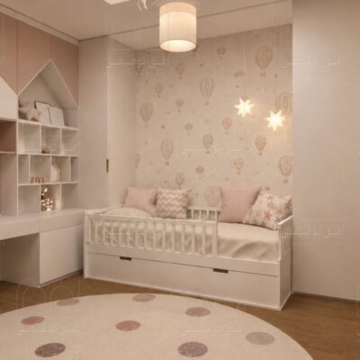 20 ایده چیدمان اتاق کودک کوچک کم هزینه و رایگان + عکس 23 3D rendering of a small, low-cost children's room layout with cheerful colors by the Ofogh team 2026