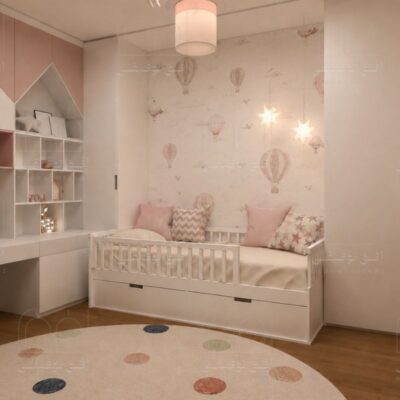 20 ایده چیدمان اتاق کودک کوچک کم هزینه و رایگان + عکس 24 3D rendering of a small, low-cost children's room layout with cheerful colors by the Ofogh team