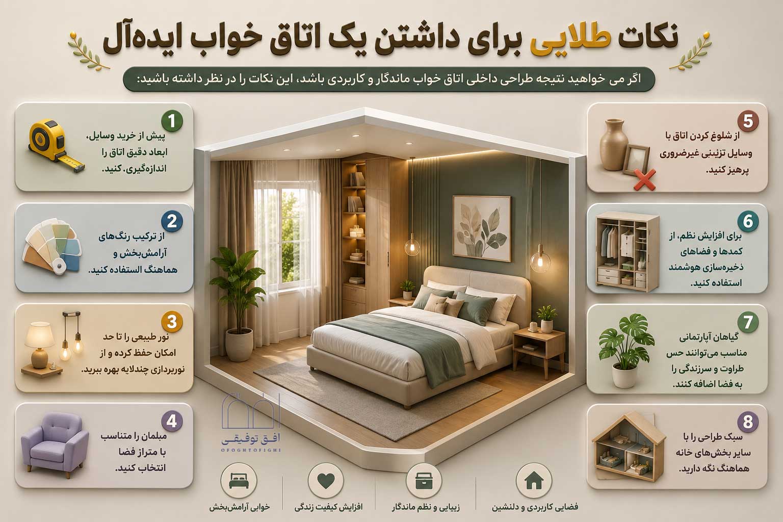 طراحی داخلی اتاق خواب؛ راهنمای کامل خلق فضایی آرام، کاربردی و زیبا 6 نکات طلایی برای داشتن یک اتاق خواب ایدهآل
